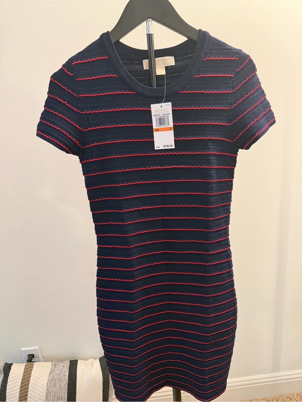 Michael Kors Navy Knit Bodycon Dress with Red Scalloped Stripes SIZE SMALL